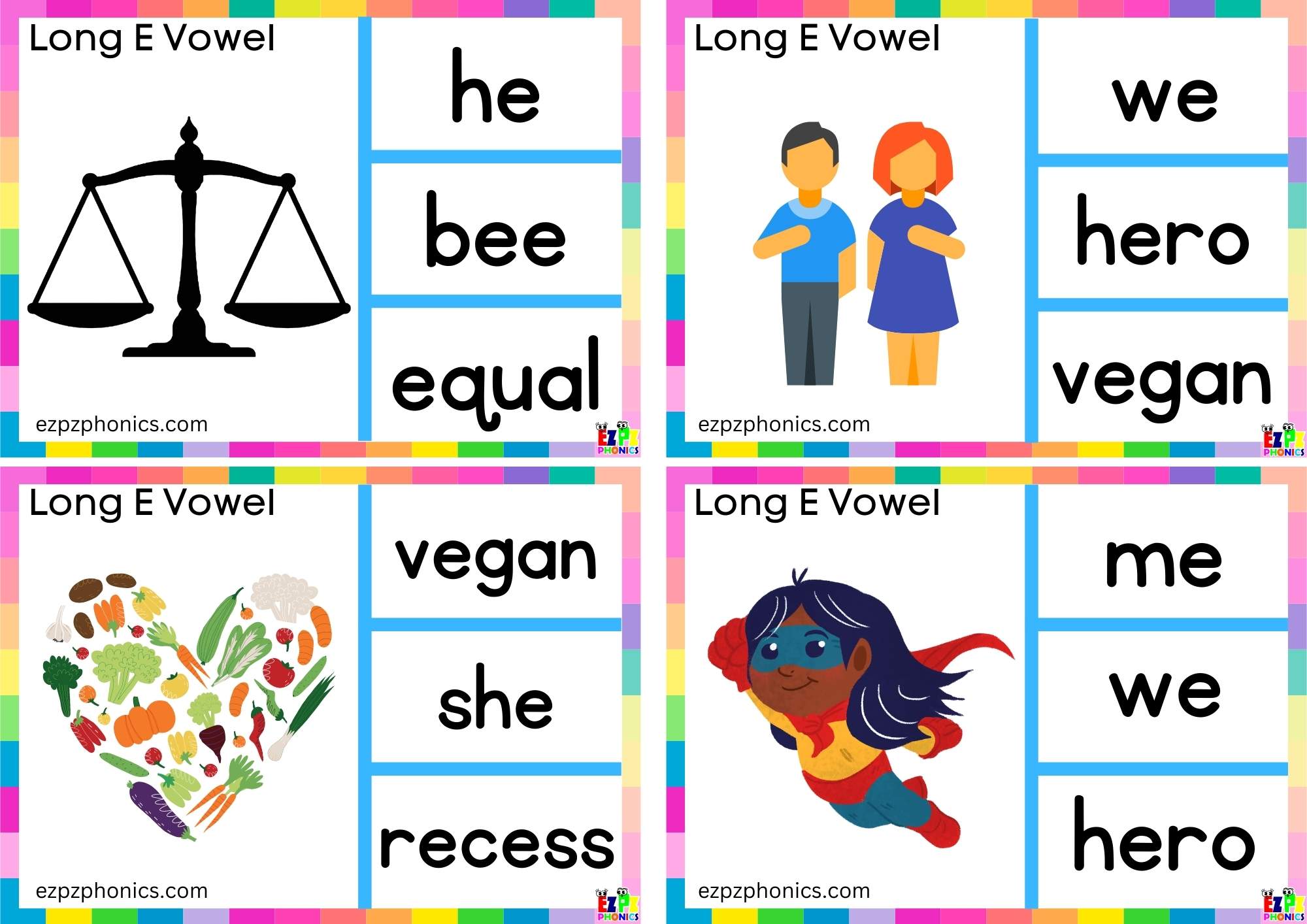 Look at the image and clip the correct word Long e vowel e words Clip cards group 2